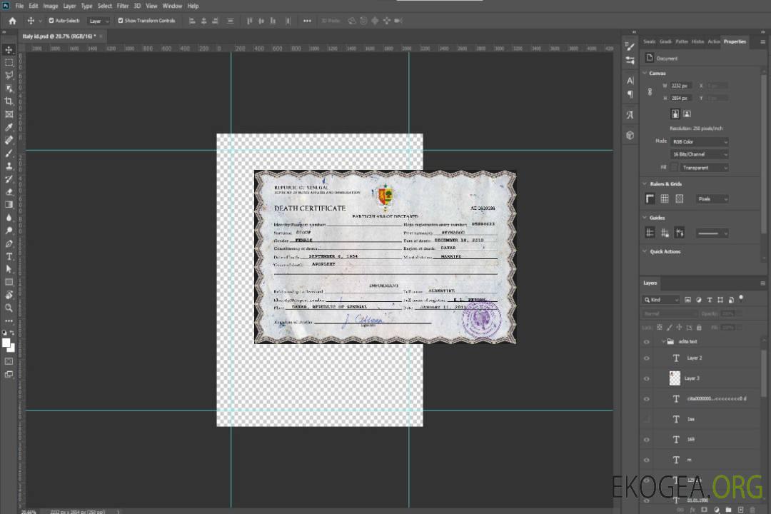 Modèle PSD de certificat de décès de l'état civil du Sénégal template